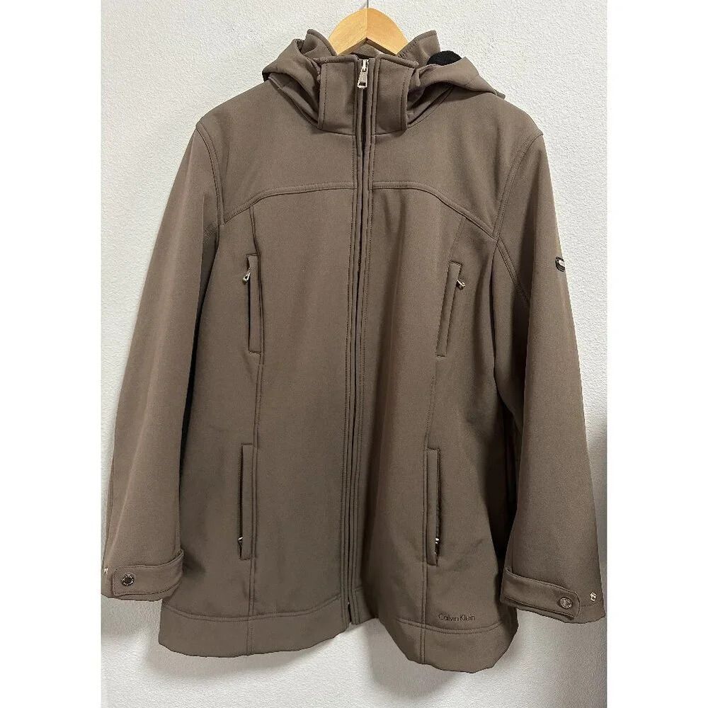 Calvin Klein Women Weather Resistant Full Zip Over Coat Hooded Brown Size Large